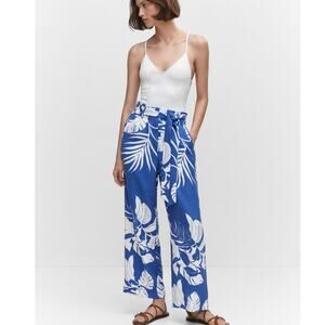 MANGO Tropical Print Flowy Wide Leg Trousers Blue and White Size XS